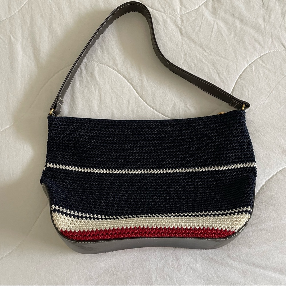 The Sak Crochet Hobo Purse, Navy/Red/White. Vegan leather strap + bottom NWT